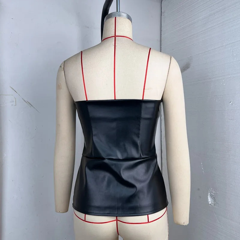 Pulôver Nsauye feminino, de um botão, sexy, sem alças, colete de couro, mini regata justa, moda verão 2025