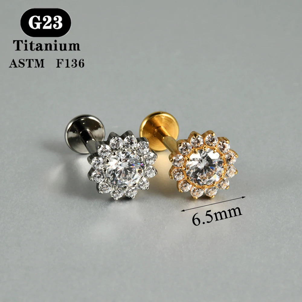 1PC ASTM F136 Titanium Zircon Flat Back Earring Flower Ear Studs Lobe Helix Tragus Cartilage Piercing Jewelry 16G