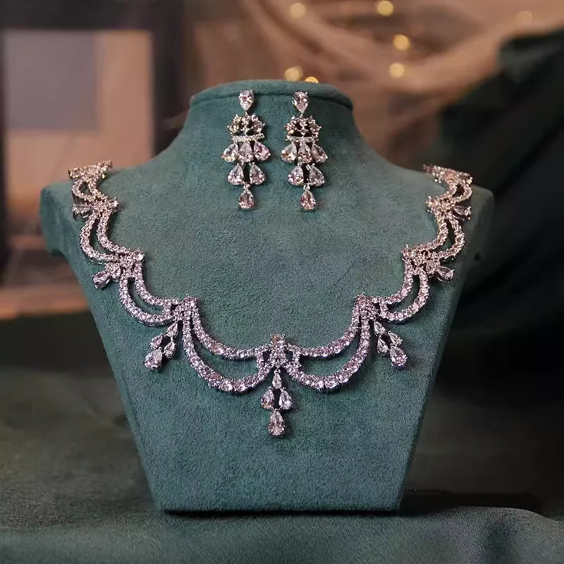 Colar de noiva jóias de alta qualidade luz luxo zircão vestido acessórios jóias brincos conjunto ornamentos presente natal - CRAVO ROSE