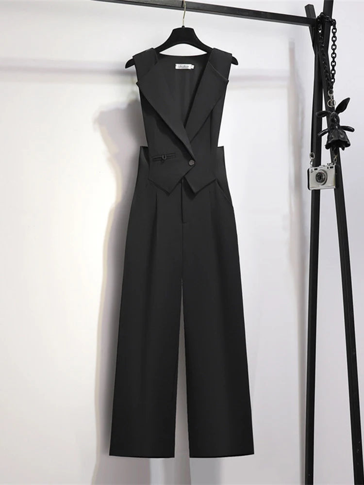 EWQ Elegant Style Chic Jumpsuit Women Solid Color Sleeveless Notched Irregular Patchwork Jumpsuits Winter Spring 2024 New SN5373
