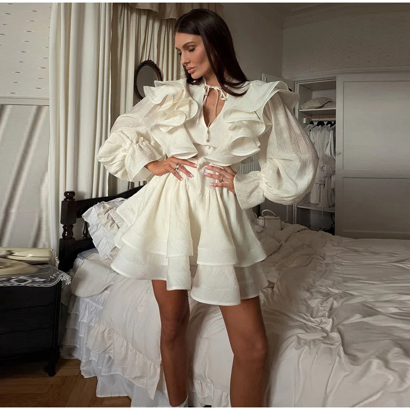 Solid Ruffle Mini Dress U Neck Long Puff Sleeve Tie Neck Tiered Hem Sweet Style Gown Soft Pastel Tones Fashion Chic Women Outfit
