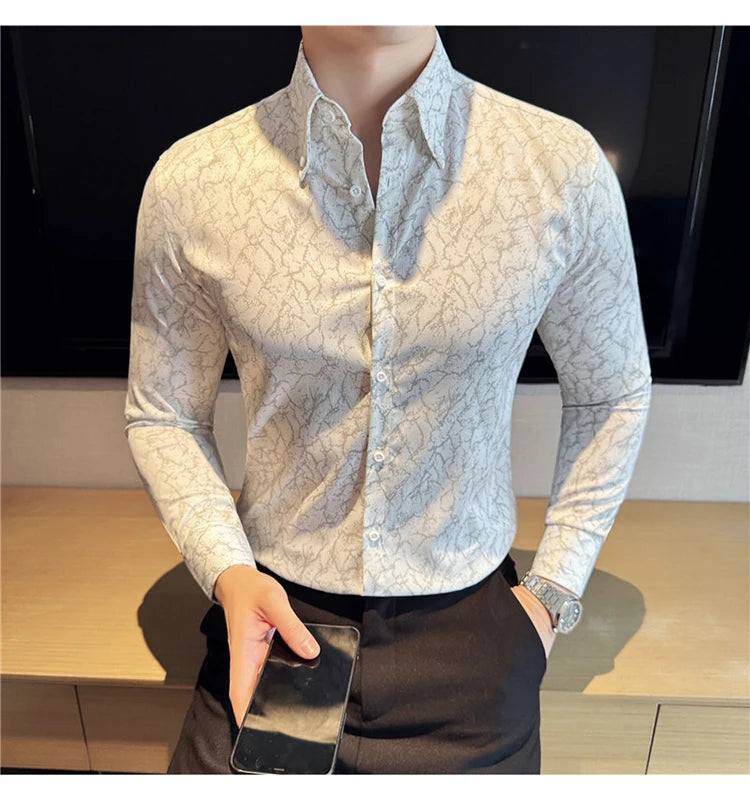 Camisas jacquard vintage de luxo, manga comprida de alta qualidade, slim fit, smoking casual, camisas sociais para casamento, tamanho 4XL-M