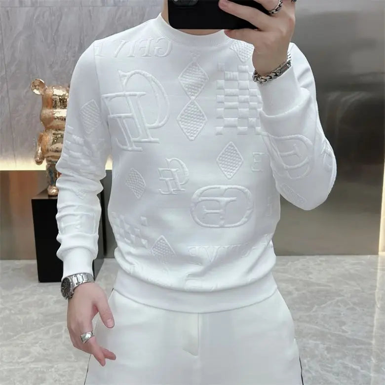 Winter New Letter Jacquard Long Sleeved T-shirt for Men Trendy and Fashionable Slim Fit and Stylish Youth Long Sleeved Shirt