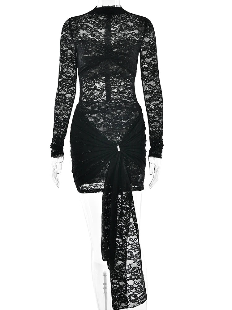 Fantoye Sexy See Through Lace Bandage Women Dress Black Long Sleeve Print Floral Dress Female Winter Slim Elegant Party Dresses