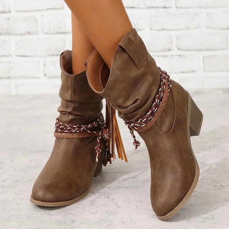 2023 Brand Women's Shoes Slip-on Women's Boots Fashion Pleated Daily Boots Women Hot Sale Round Toe Square Heel Ankle Boots - CRAVO ROSE