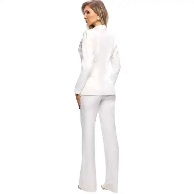 Elegant Feather Women Suits One Button Long Sleeve Pant Sets Beaded 2 Pieces Birthday Party Customized Outfits