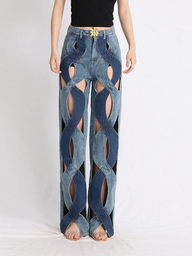 TWOTWINSTYLE Calça jeans feminina com zíper e patchwork, cintura alta, vazada, casual, perna larga, roupa feminina, nova moda