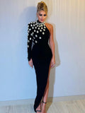 Women Celebrity Sexy Single Sleeve Rhinestone Black Maxi Long Bodycon Bandage Dress 2023 Elegant Evening Club Party Dress