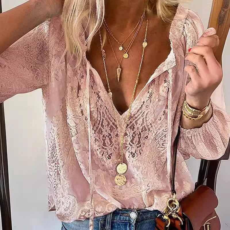 Blusas femininas 2025 Moda Primavera Verão Boho Renda Oco Decote Em V Profundo Pulôver Camisa Feminina Elegante Blusa Casual Tops Soltos