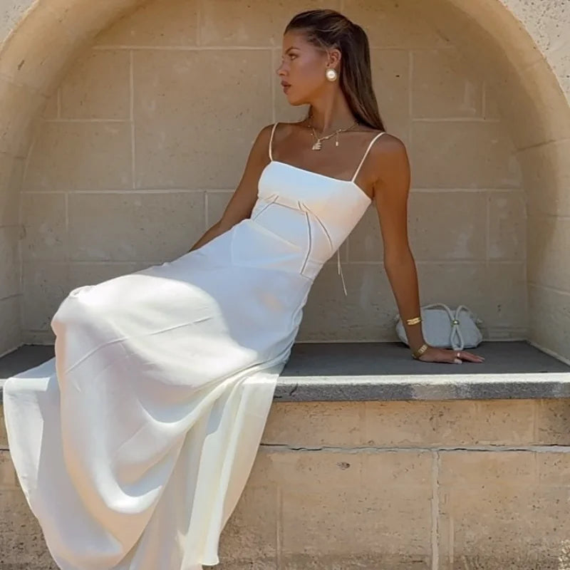 Elegant Lace Up Solid Camisole Maxi Dresses Fashion New Contrasting Cropped Long Gown 2025 New Female Party Beach Evening Robes