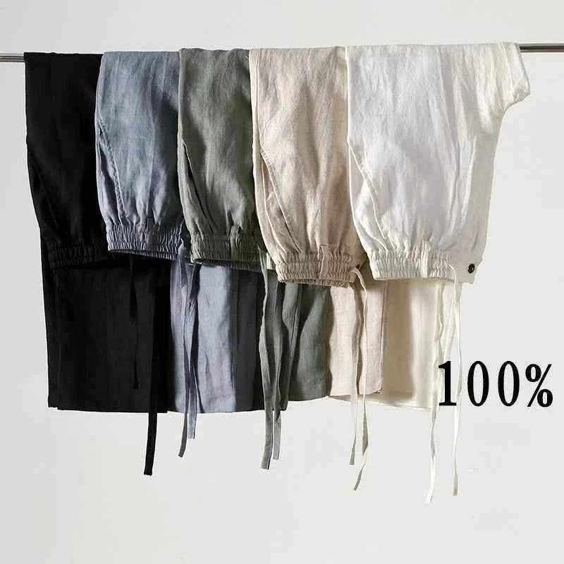 Solid Color Linen Pants Men's Loose Cotton Linen Casual 9 Points Pants Spring Summer Home Straight Soft Comfortable Trousers