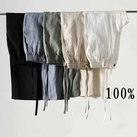 Solid Color Linen Pants Men's Loose Cotton Linen Casual 9 Points Pants Spring Summer Home Straight Soft Comfortable Trousers