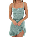Sexy Slim Fitting Fashion Solid Color Sequin Back Cross Tie Ruffle Edge Sleeveless Suspender Irregular Hem Pleated Party Dress