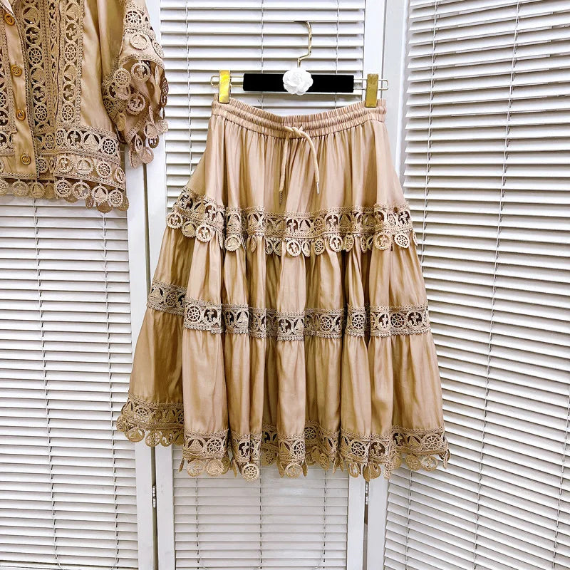 Luxury Hollow Out Dress Two Piece Set Women's 2025 Summer Holiday Embroidered Lace Jackets White Tops Pleated Short Skirts Suits