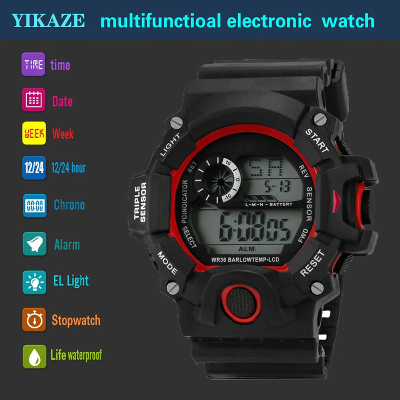 Men's Watch Fashion Sports Electronic Wristwatch Large dial Multifunctional Waterproof Luminous Alarm Kids Male's Military Watch - CRAVO ROSE