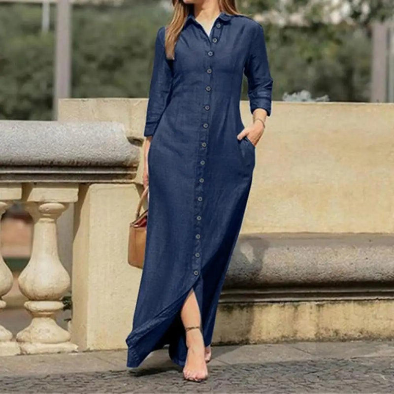 Charming Denim Dress Slim Soft Texture Solid Color Buttons Closure Long Dress Two Pockets Maxi Dress for Vacation - CRAVO ROSE