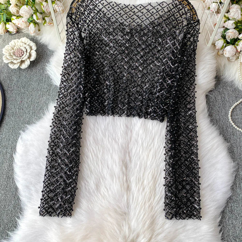 Slim Fit Short Sleeveless T-Shirt Women's New Style round Neck Long Sleeve Shiny Sequin Heavy Duty Bead Commute Style Korean ...