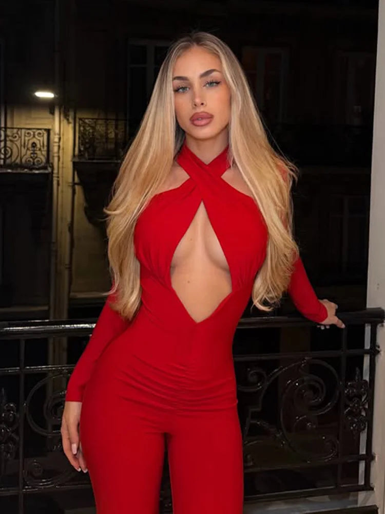 CNYISHE Cut Out Solid Halter Long Sleeve Sheath Women Jumpsuits Fashion Chic Casual Female Tompers Sexy Club Streetwear Outfits
