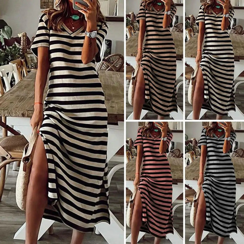 Vestidos Plus Size Vestidos Para Mulheres Casual Listra Estampa Decote Em V Manga Curta Solto Vestido Longo Robe Femme