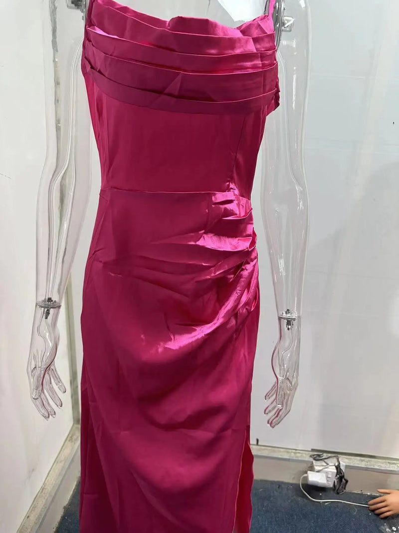 Women's Spring New Bra Shrink Pleated Split Satin Dress Sexy Slim Fit Wrap Hip Dress