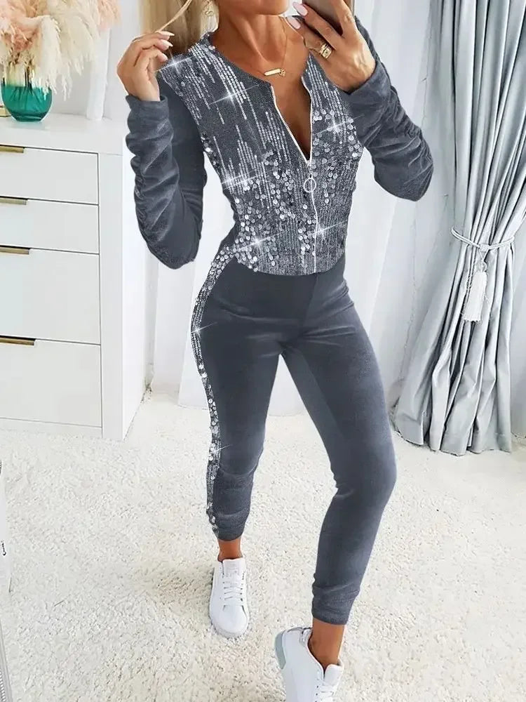 Autumn Winter Velvet Sets for Women 2 Pieces Suits Female Clothing Casual Contrast Sequin Zipper Design Coat & Pants Set Tracksu