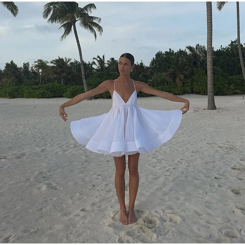 2025 Sexy Backless Lace Up Women's Sling Mini Dress Chic Solid High Waist Loose Pleated Hem Vestido Lady Summer Party Beachwear