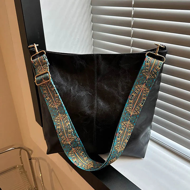Vintage Solid Color Women Fashion Shoulder Sling Bag High-Capacity Simple Wide Strap Bucket Crossbody Bag