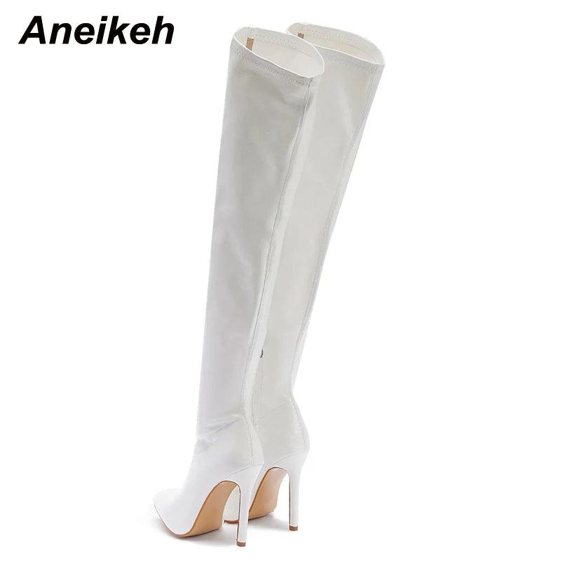 Aneikeh White Sexy Over-the-Knee Side Zipper Slip-On Pointed Toe Shoes NEW Fashion Striped Thin Heels Ladies Boots 2024 Spring - CRAVO ROSE