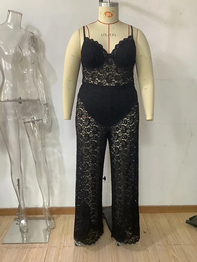One Piece Jumpsuit for Plus Size Women Summer Spaghetti Strap Sexy Transparent Lace Jumpsuit Straight Pant Hollow Out Jumpsuit
