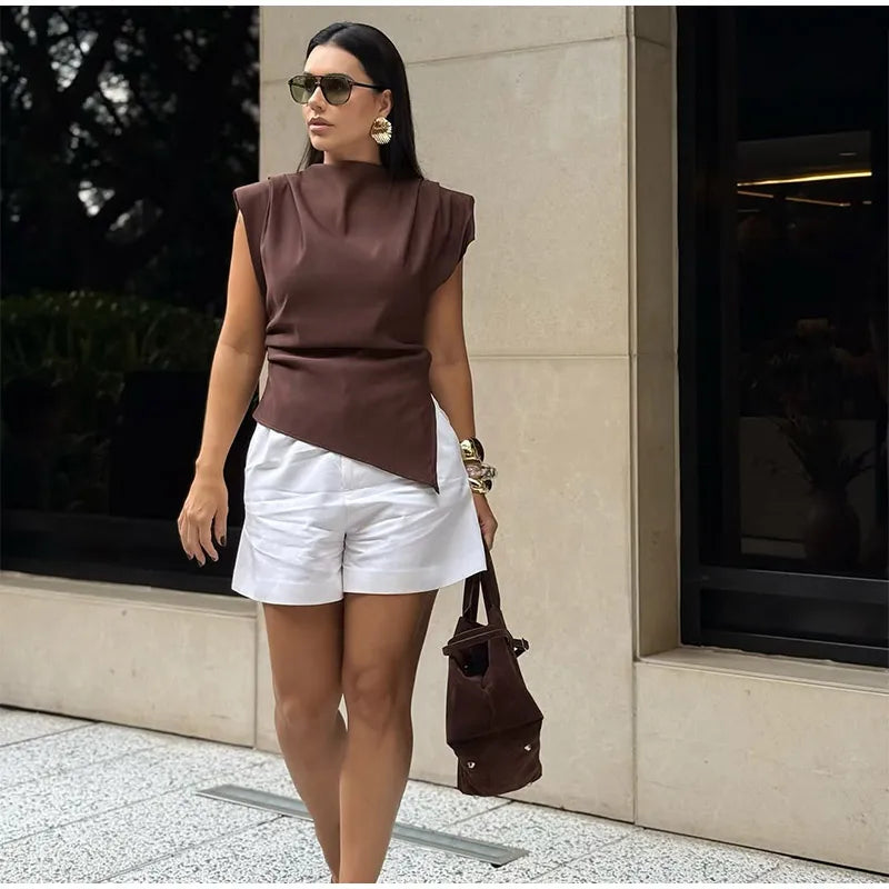 Vestido longo elegante com decote redondo e manga curta, moda feminina, liso, plissado, gaze, patchwork, 2025, novo, para escritório