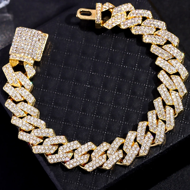 Fashion Bling Paved Rhinestone Prong Cuban Chain Bracelet for Women Men Hip Hop Iced Out Chunky Link Chain Bracelets New Jewelry