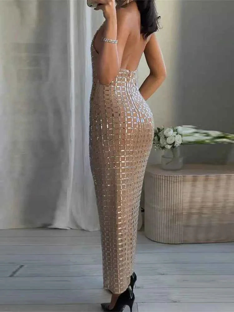 Luxury Diamonds Halter Long Dress Women Sexy Slim Sleeveless Backless Split Party Dresses 2026 Spring Summer Lady Evening Robes