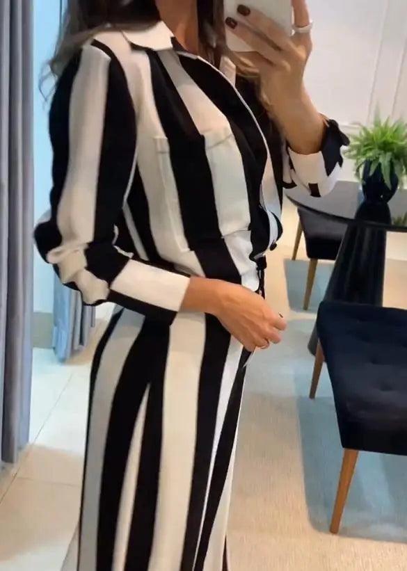 Two Piece Set Women Outfit 2023 Spring Fashion Striped Pocket Design Turn-Down Collar Long Sleeve Shirt & Wide Leg Pants Set - CRAVO ROSE