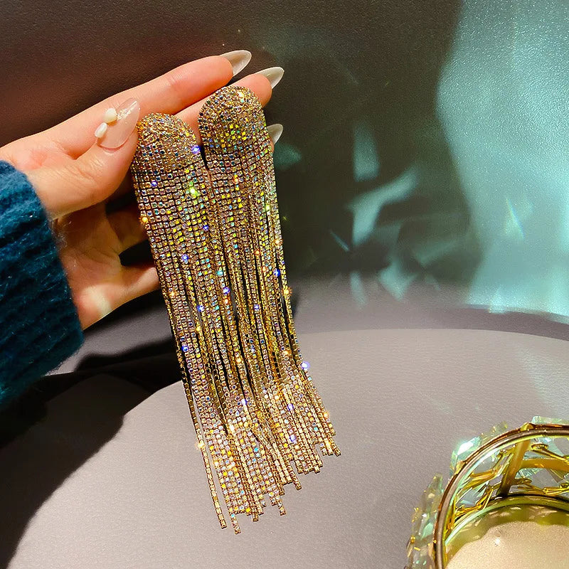 Long Tassel Rhinestone Drop Earrings for Women Oversize Crystal Dangle Earrings Fashion Wedding Jewelry Gift