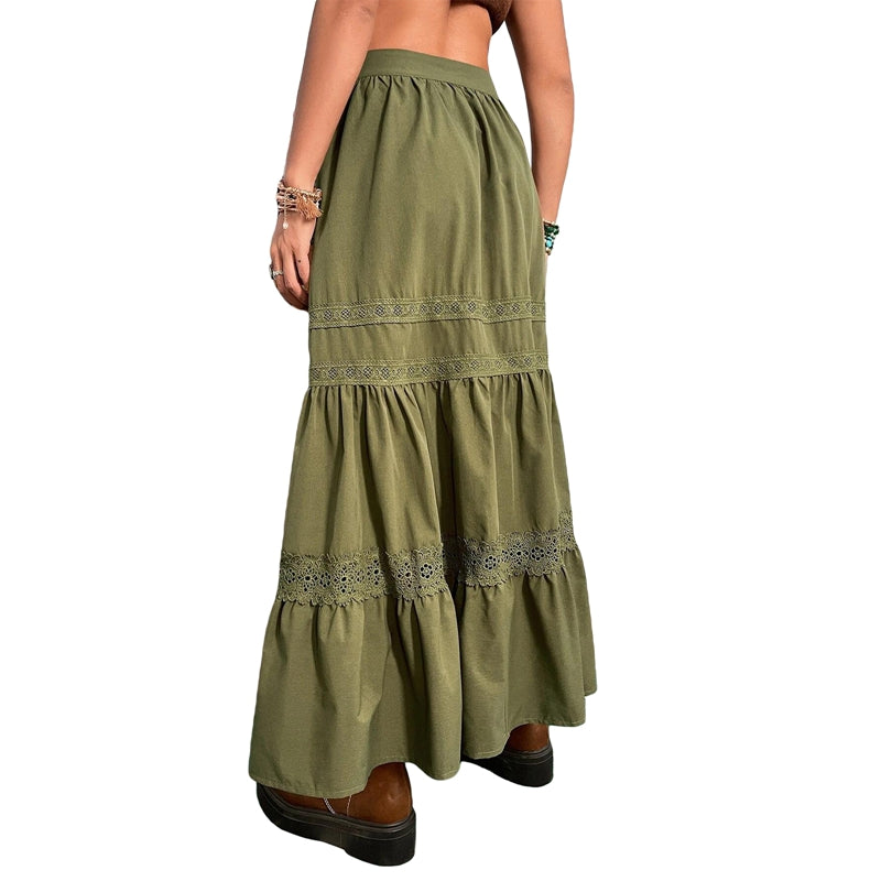 Saias plissadas vintage verdes dos anos 90, boho, férias, cintura alta, saias longas, retrô, Y2K, Fairycore, roupas fofas com acabamento em renda