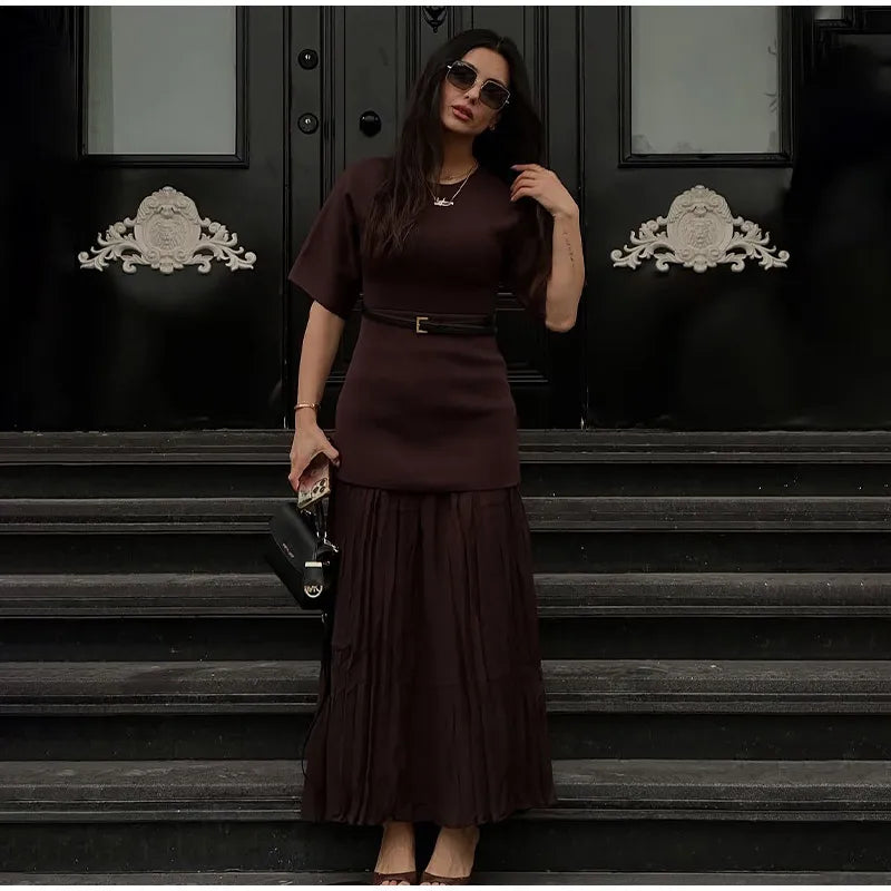 Vestido longo elegante com decote redondo e manga curta, moda feminina, liso, plissado, gaze, patchwork, 2025, novo, para escritório