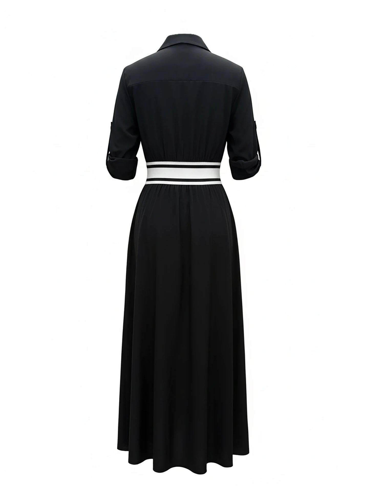 Women's Shirt Maxi Dress with Wide Striped Belt | Roll-Up Sleeve High Slit Elegant Casual Formal Outfit