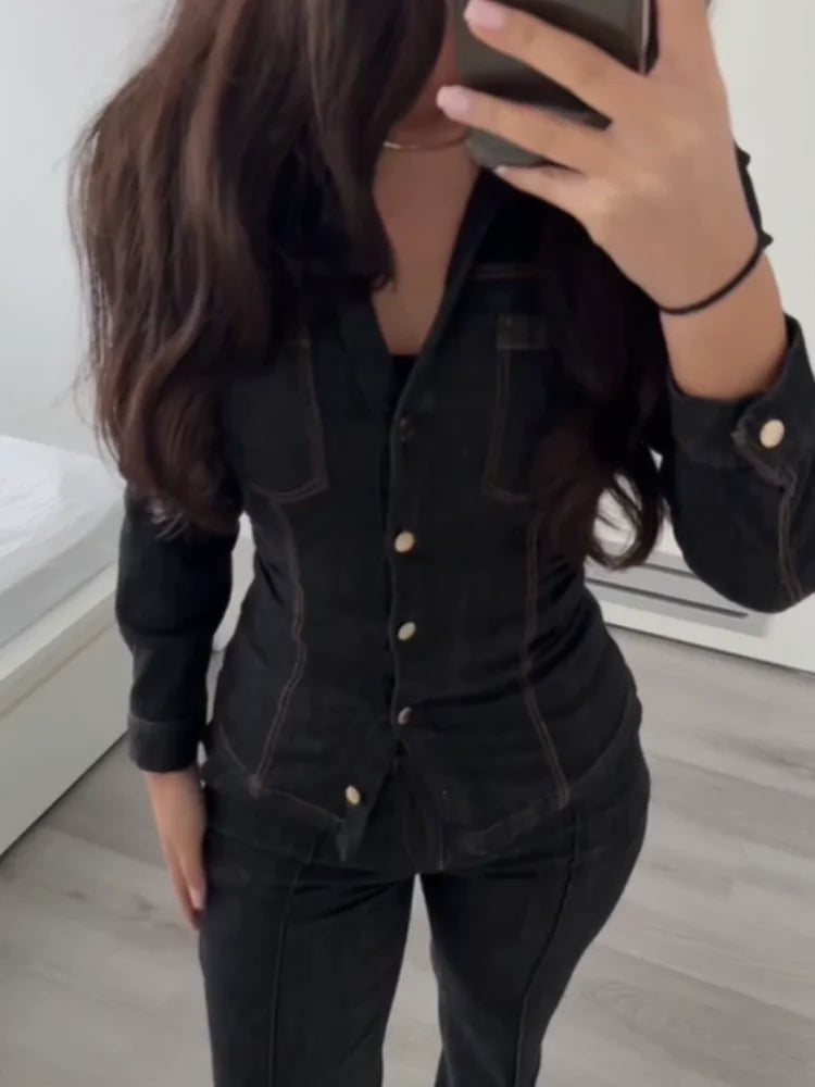 Women Fashion Denim Solid Top High Waist Pants Suits Casual Single Breasted Lapel Neck Shirts Pant Set Spring Lady Street Wear