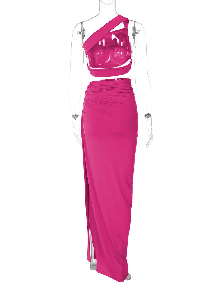 Ladies Spring 2 Pieces Sleeveless Backless Strap Spit Crop Top Side Slit Slim Fit Maxi Skirt Set Women Evening Party Clubwear