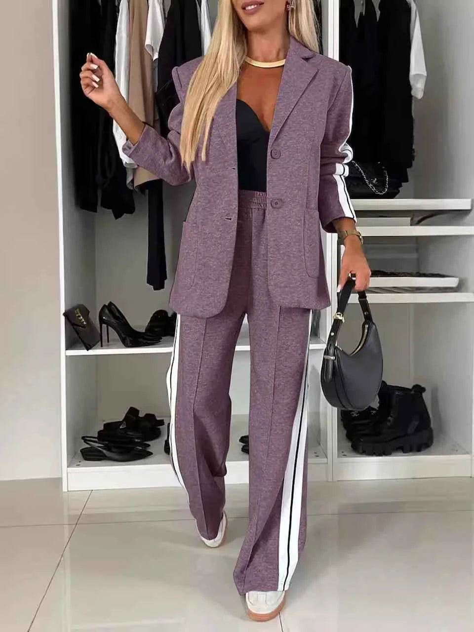 Modern Office Commute Women's Suit Set Loose Fit Long Pants High Waist Striped Casual Sportswear Long Sleeve Button up Coat