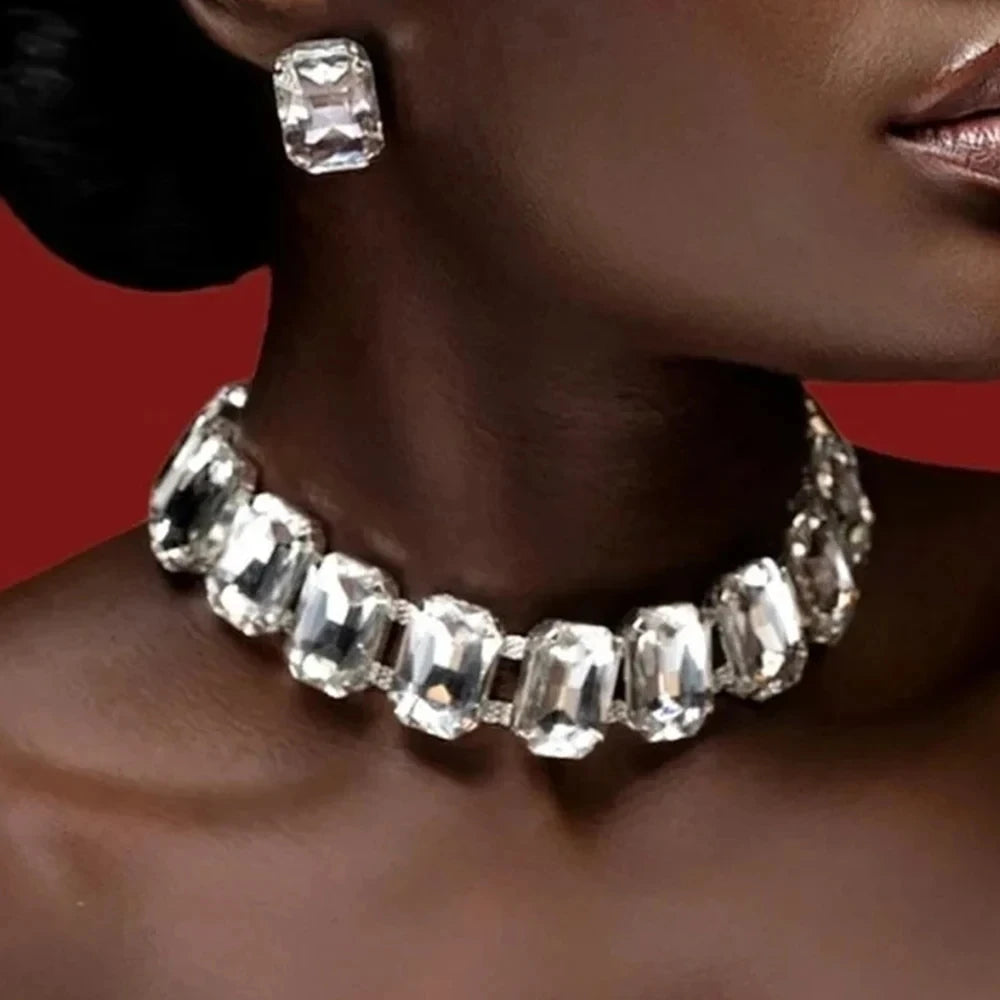 Stonefans noiva colar de cristal brincos conjunto dama de honra jóias de casamento duas peças gargantilha colar baile de formatura traje conjuntos de jóias - CRAVO ROSE