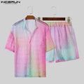 Conjuntos masculinos  de renda transparente com tie-dye, lapela degradê, camisa de manga curta e shorts, 2 peças,  urbana, ternos