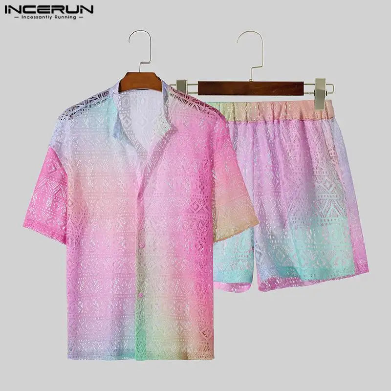 Conjuntos masculinos  de renda transparente com tie-dye, lapela degradê, camisa de manga curta e shorts, 2 peças,  urbana, ternos