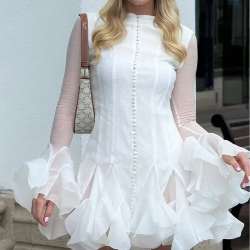 Luxury O Neck Pink Ruffle Button Female Vestidos Fashion Long Sleeve High Waist Prom Dresses Spring New Lady Short Evening Dress