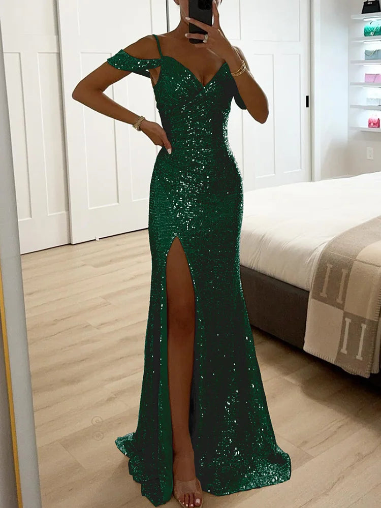 Summer Women Spaghetti Strap Solid Party Dress, 2024 V Neck Sequins Patchwork Maxi Dress, New Sexy Sleeveless Split Ladies Dress