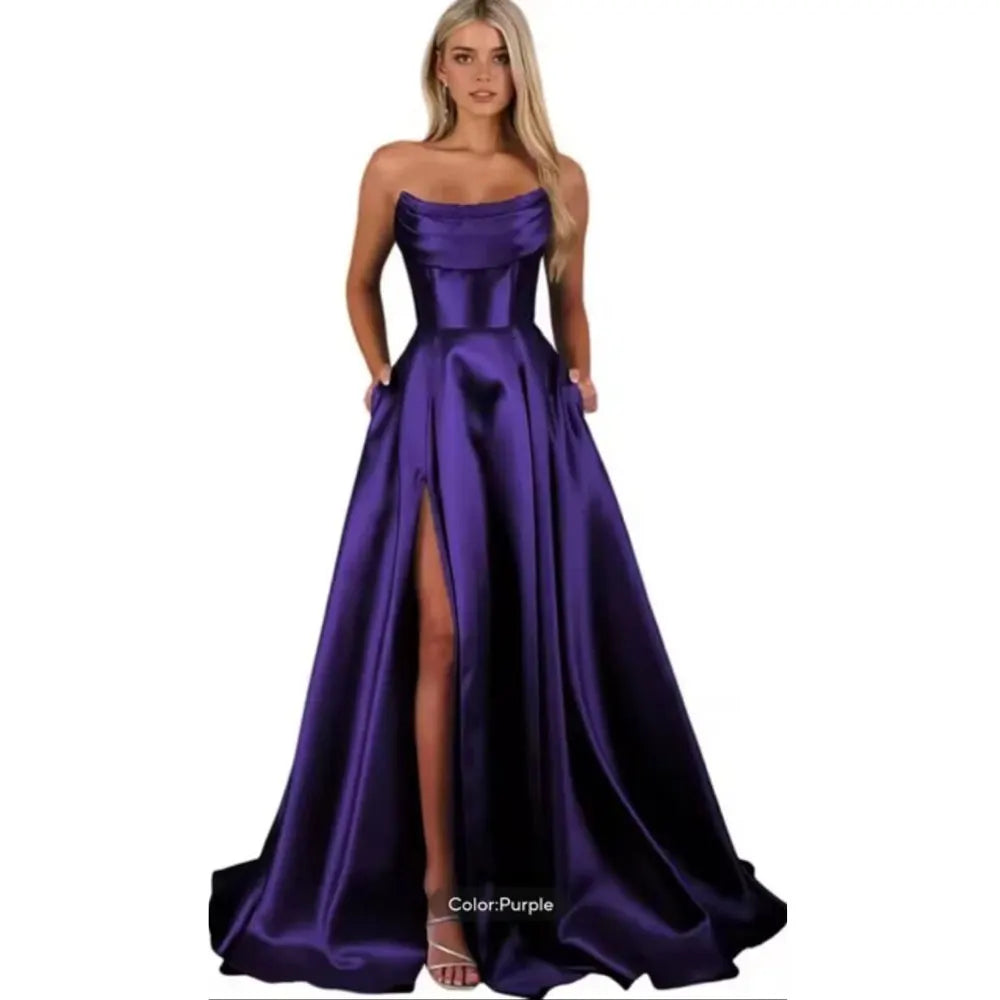 Vestido de Festa em Cetim com Bolsos, Tomara Que Caia e Modelagem Evasê