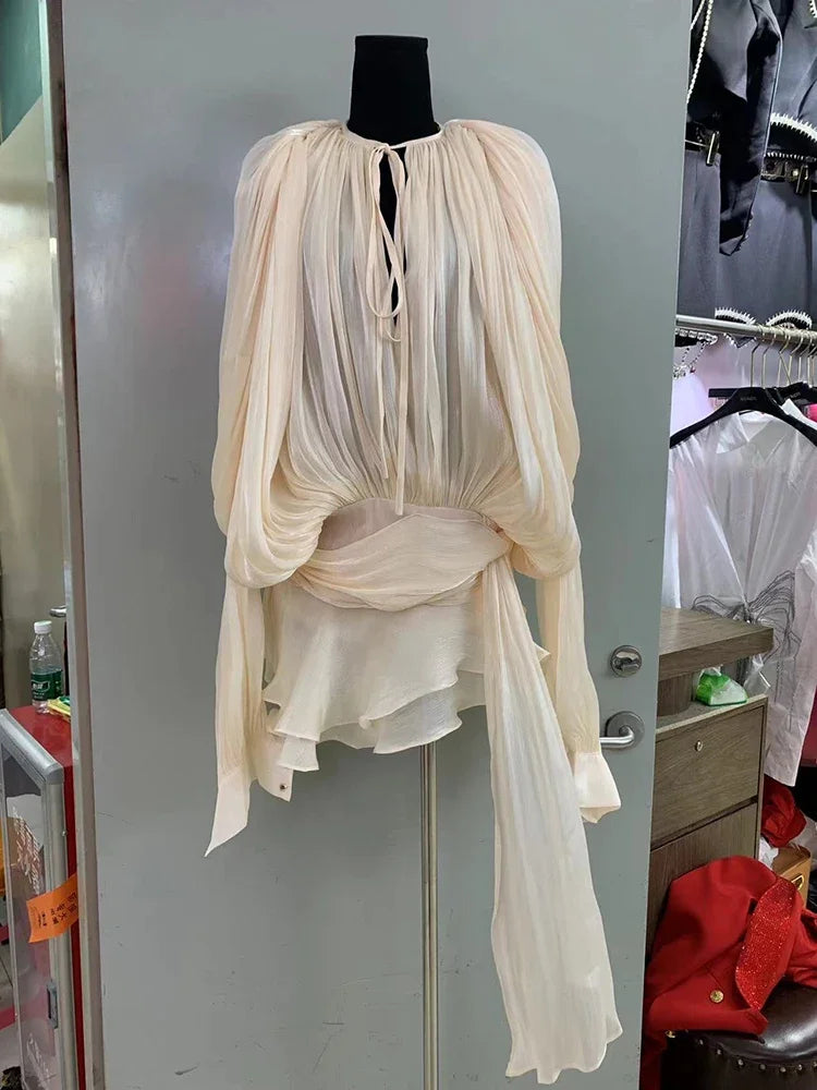 Minimalist Solid Loose Short Dresses For Women Round Neck Long Sleeve High Waist Spliced Lace Up Chic Dress Female Fashion