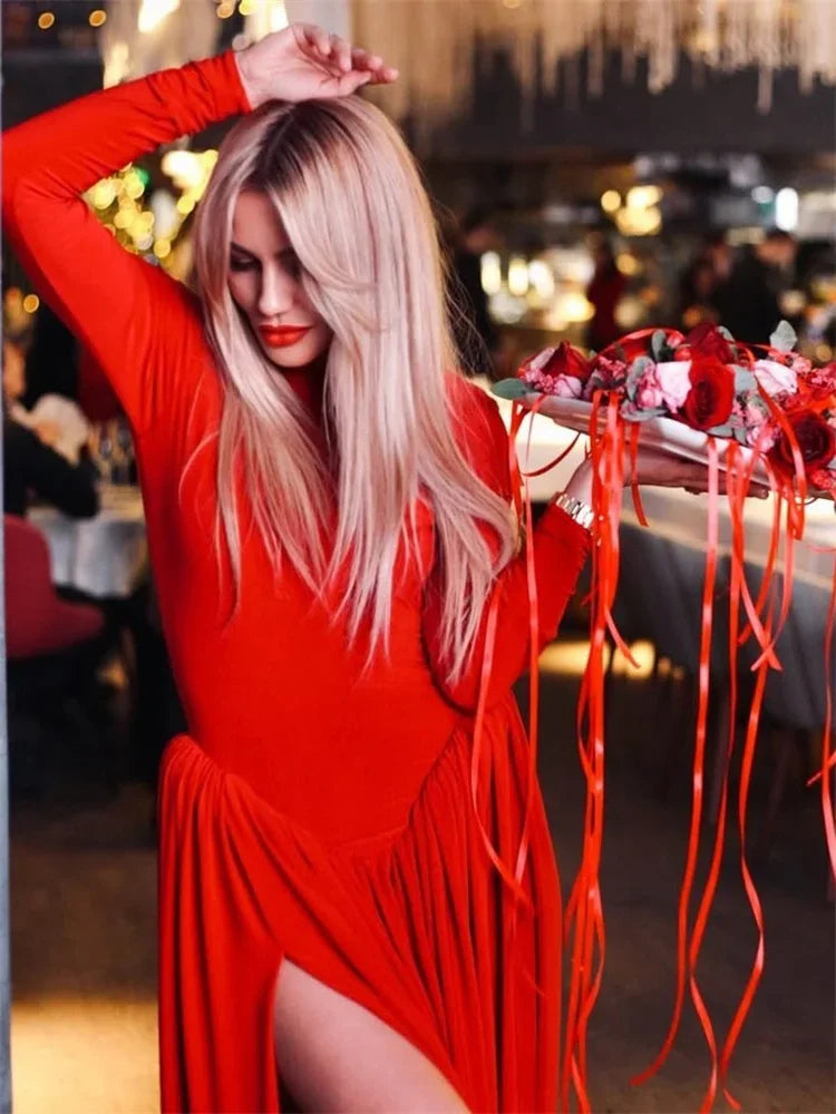 Tuularose Red Hollow Dress Women High Waist Sexy Backless Long Sleeve Gathered Dress Summer Patchwork Retro Party Evening Dress