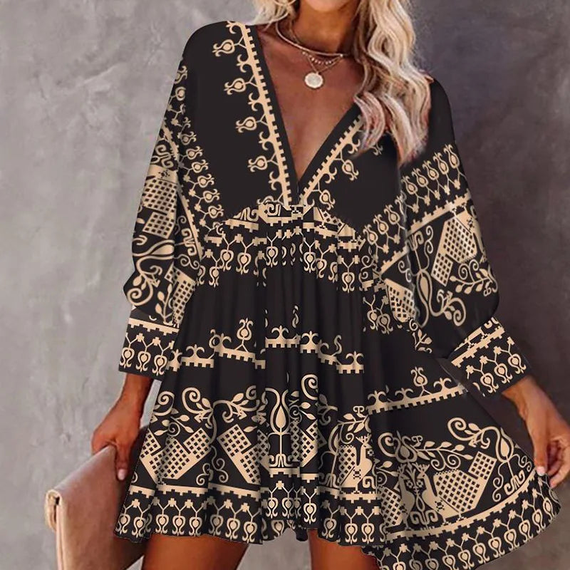 Vestido Boho Decote Em V Outono Sexy Solto Manga Longa Lanterna Swing Festa Noite Cintura Alta Mini Vestido Feminino Vestido A-line Vestido Preto