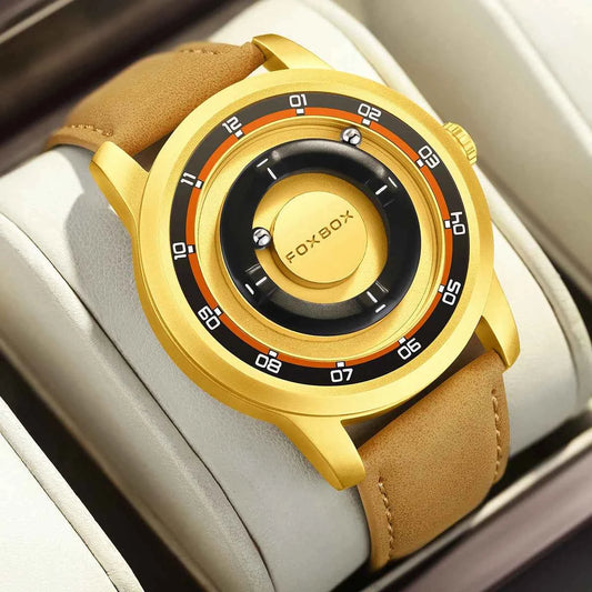 Foxbox relógio criativo moda flutuante ponteiro magnético livre rolamento de esferas couro genuíno à prova dwaterproof água relógio quartzo para homem